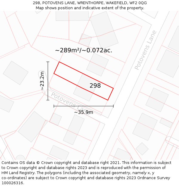 298, POTOVENS LANE, WRENTHORPE, WAKEFIELD, WF2 0QG: Plot and title map