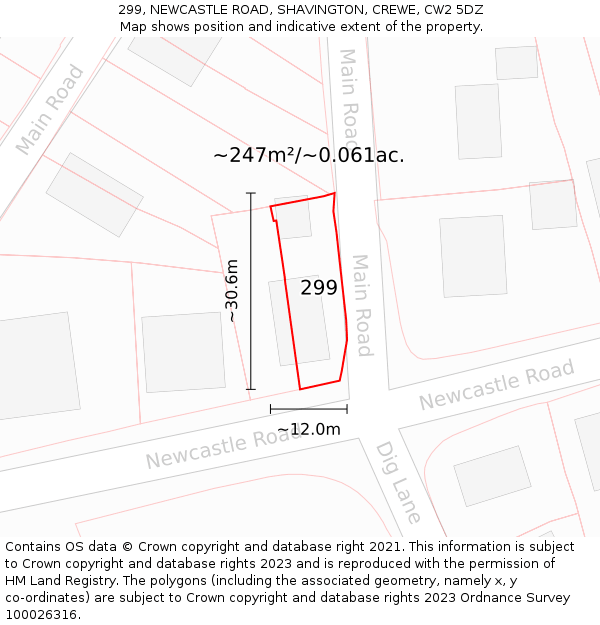 299, NEWCASTLE ROAD, SHAVINGTON, CREWE, CW2 5DZ: Plot and title map