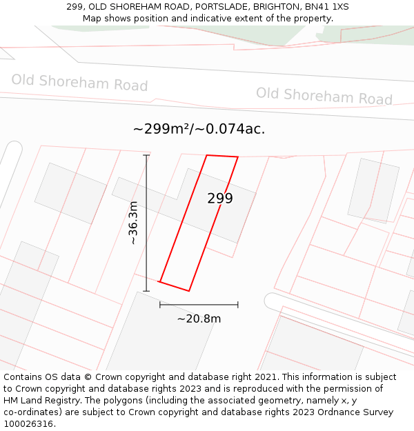 299, OLD SHOREHAM ROAD, PORTSLADE, BRIGHTON, BN41 1XS: Plot and title map