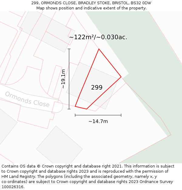 299, ORMONDS CLOSE, BRADLEY STOKE, BRISTOL, BS32 0DW: Plot and title map