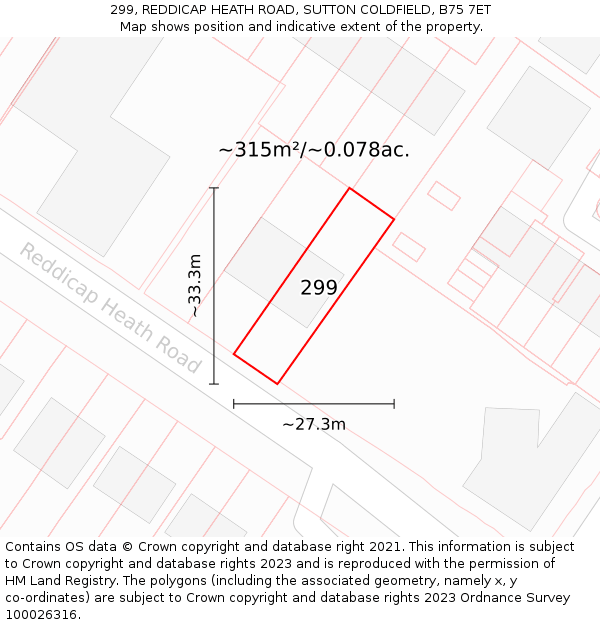 299, REDDICAP HEATH ROAD, SUTTON COLDFIELD, B75 7ET: Plot and title map
