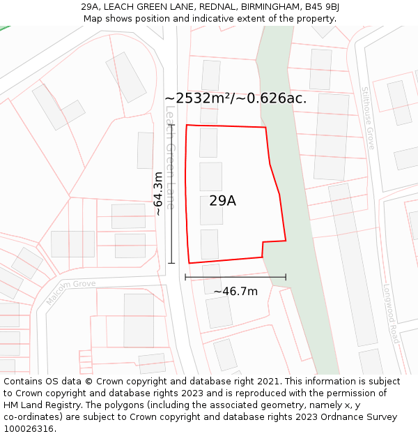29A, LEACH GREEN LANE, REDNAL, BIRMINGHAM, B45 9BJ: Plot and title map