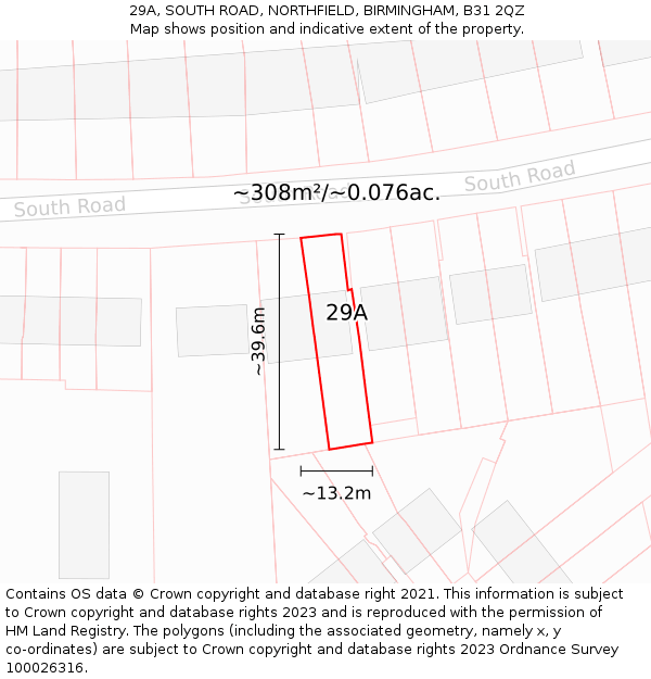 29A, SOUTH ROAD, NORTHFIELD, BIRMINGHAM, B31 2QZ: Plot and title map