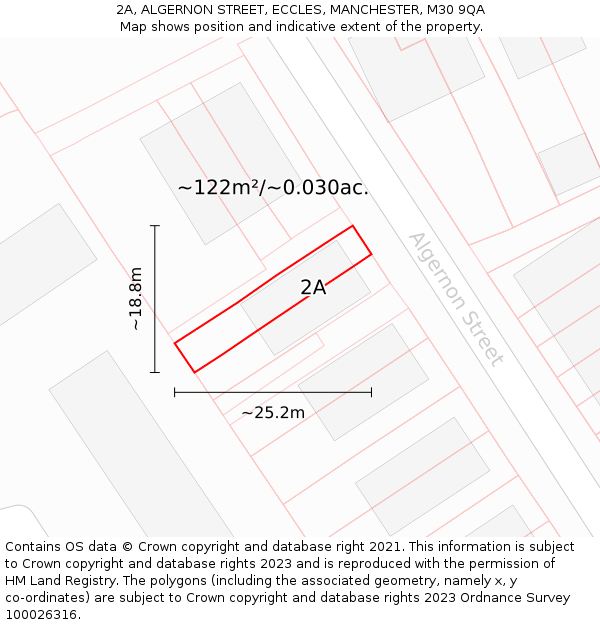 2A, ALGERNON STREET, ECCLES, MANCHESTER, M30 9QA: Plot and title map
