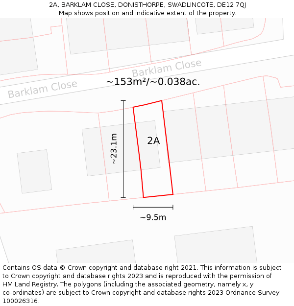 2A, BARKLAM CLOSE, DONISTHORPE, SWADLINCOTE, DE12 7QJ: Plot and title map