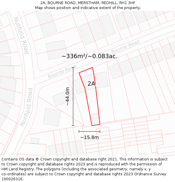 2A, BOURNE ROAD, MERSTHAM, REDHILL, RH1 3HF: Plot and title map