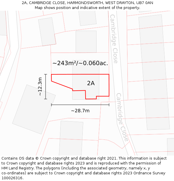 2A, CAMBRIDGE CLOSE, HARMONDSWORTH, WEST DRAYTON, UB7 0AN: Plot and title map