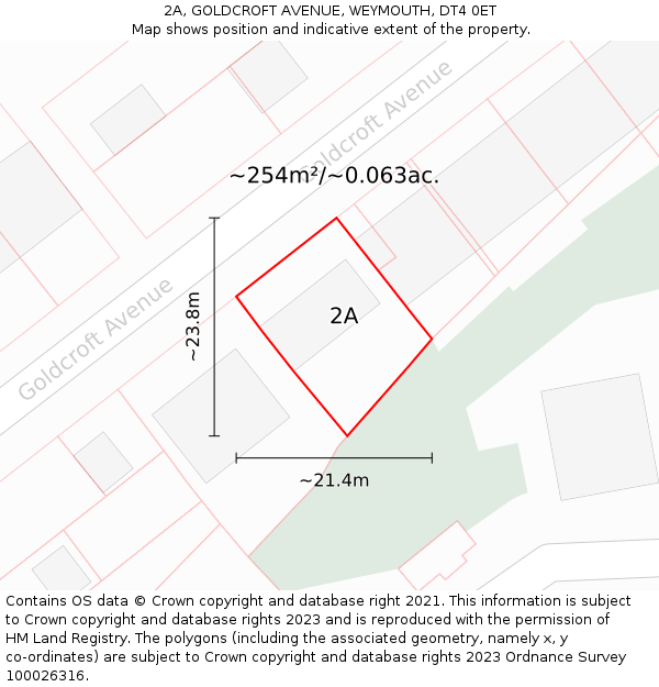 2A, GOLDCROFT AVENUE, WEYMOUTH, DT4 0ET: Plot and title map