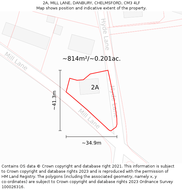 2A, MILL LANE, DANBURY, CHELMSFORD, CM3 4LF: Plot and title map
