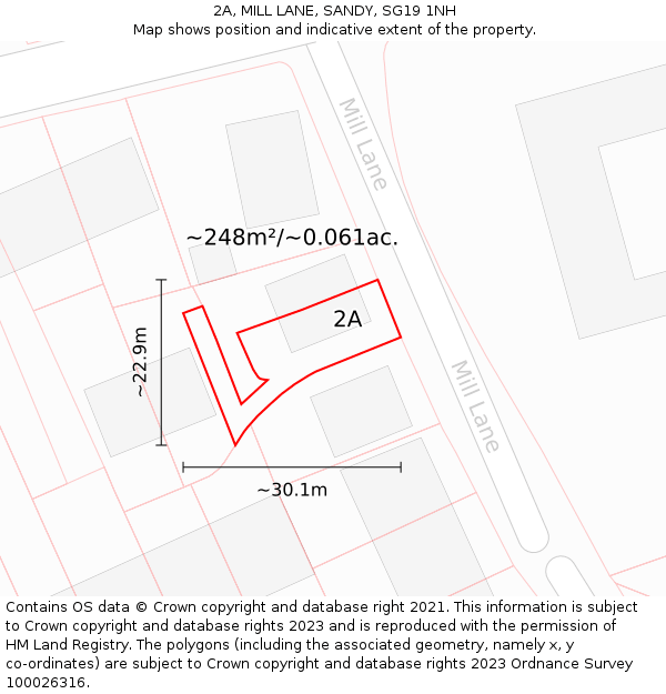 2A, MILL LANE, SANDY, SG19 1NH: Plot and title map