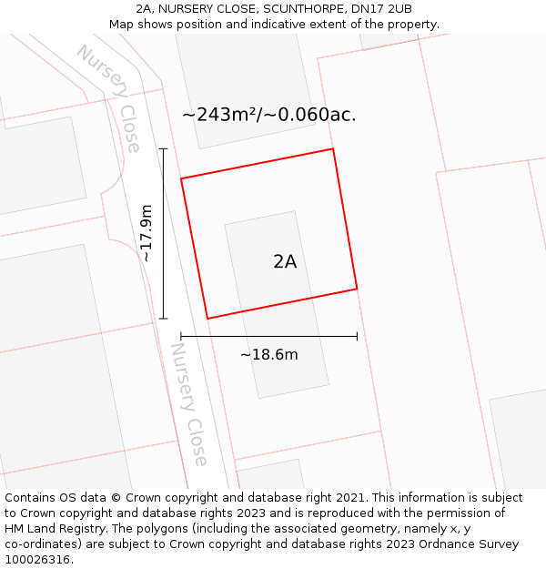 2A, NURSERY CLOSE, SCUNTHORPE, DN17 2UB: Plot and title map