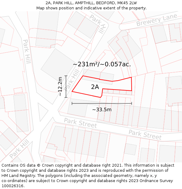2A, PARK HILL, AMPTHILL, BEDFORD, MK45 2LW: Plot and title map