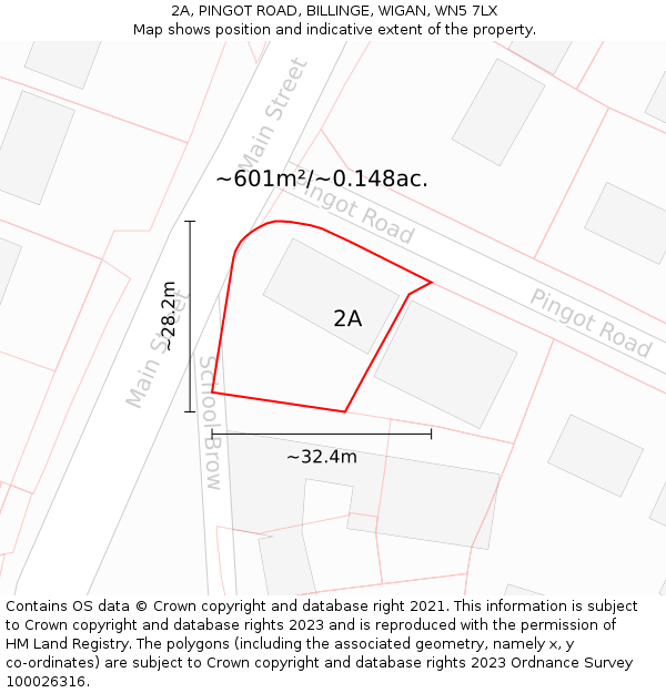 2A, PINGOT ROAD, BILLINGE, WIGAN, WN5 7LX: Plot and title map