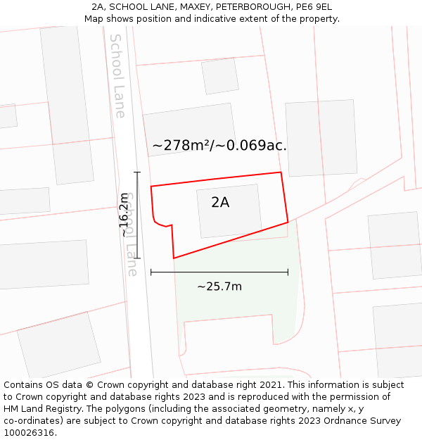 2A, SCHOOL LANE, MAXEY, PETERBOROUGH, PE6 9EL: Plot and title map