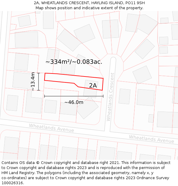 2A, WHEATLANDS CRESCENT, HAYLING ISLAND, PO11 9SH: Plot and title map