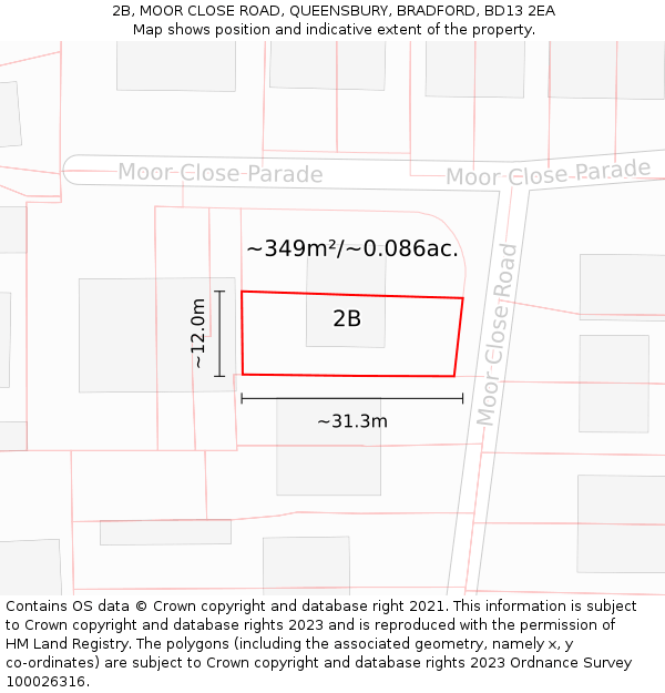 2B, MOOR CLOSE ROAD, QUEENSBURY, BRADFORD, BD13 2EA: Plot and title map