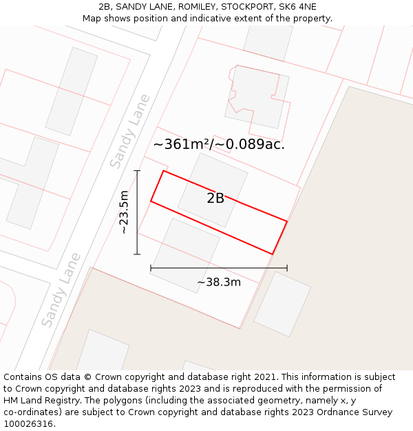 2B, SANDY LANE, ROMILEY, STOCKPORT, SK6 4NE: Plot and title map
