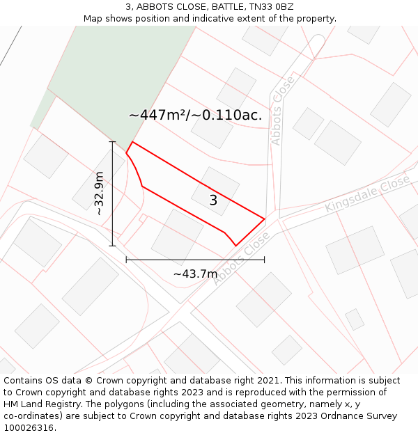 3, ABBOTS CLOSE, BATTLE, TN33 0BZ: Plot and title map