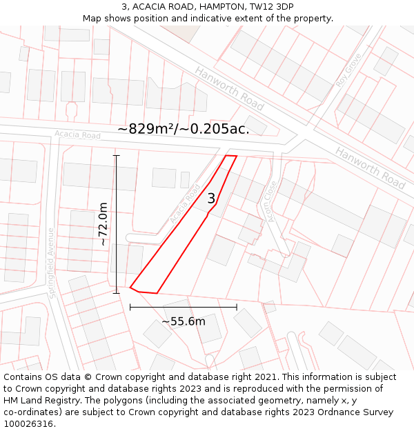 3, ACACIA ROAD, HAMPTON, TW12 3DP: Plot and title map