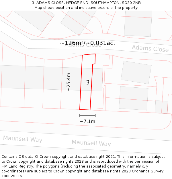 3, ADAMS CLOSE, HEDGE END, SOUTHAMPTON, SO30 2NB: Plot and title map