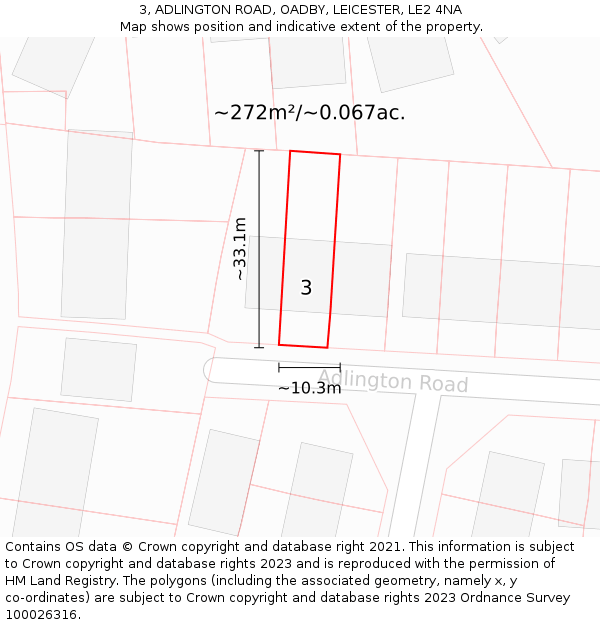 3, ADLINGTON ROAD, OADBY, LEICESTER, LE2 4NA: Plot and title map