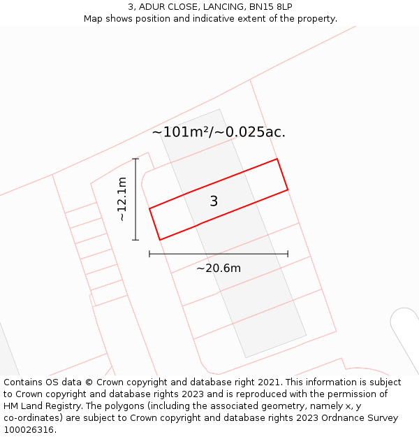 3, ADUR CLOSE, LANCING, BN15 8LP: Plot and title map