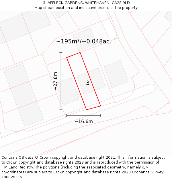 3, AFFLECK GARDENS, WHITEHAVEN, CA28 9LD: Plot and title map