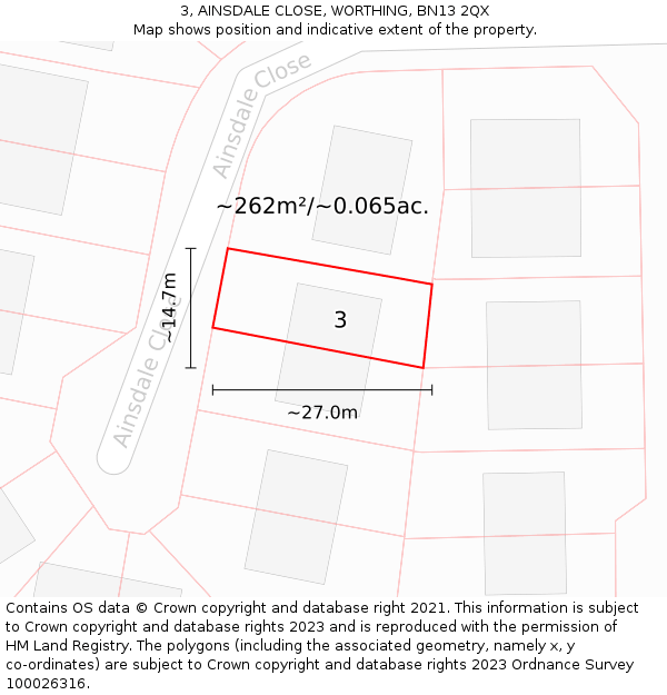 3, AINSDALE CLOSE, WORTHING, BN13 2QX: Plot and title map