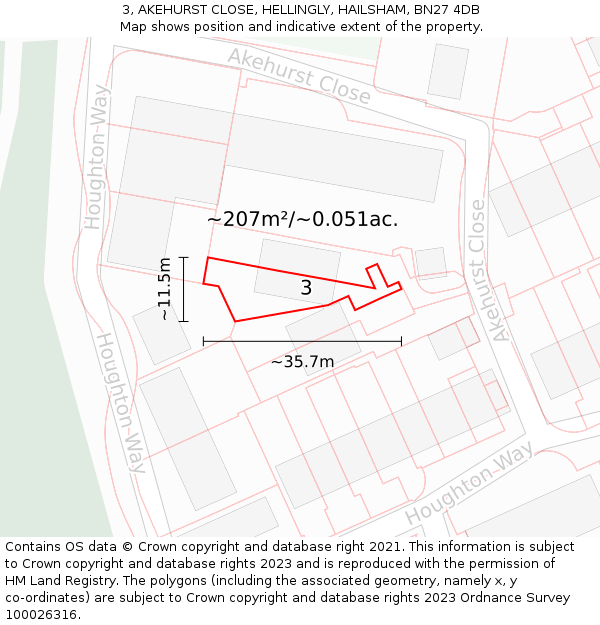 3, AKEHURST CLOSE, HELLINGLY, HAILSHAM, BN27 4DB: Plot and title map