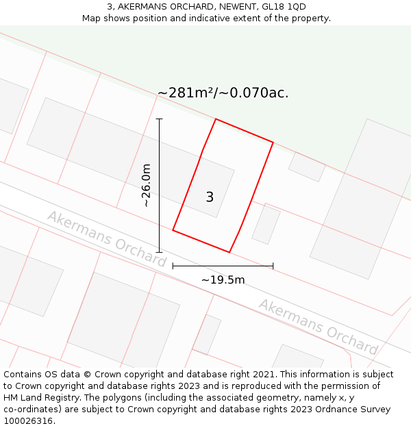 3, AKERMANS ORCHARD, NEWENT, GL18 1QD: Plot and title map
