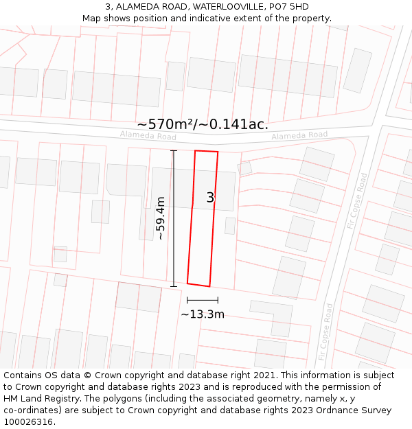 3, ALAMEDA ROAD, WATERLOOVILLE, PO7 5HD: Plot and title map