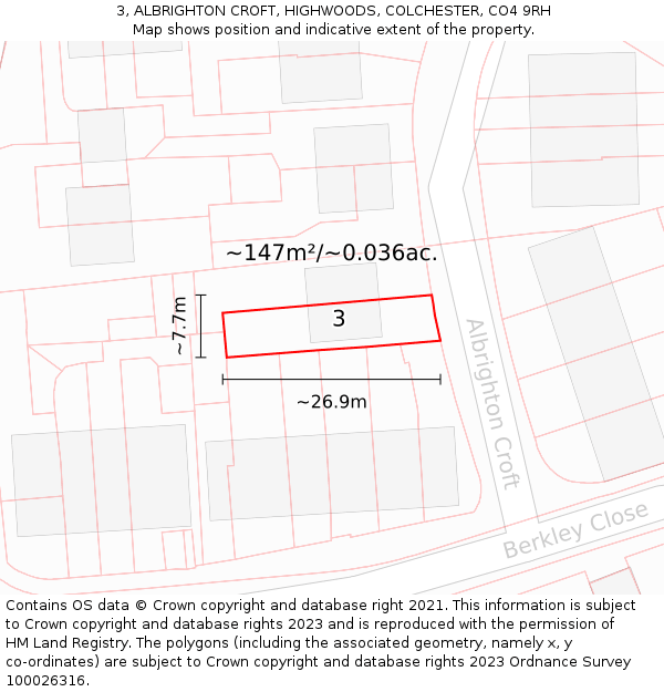 3, ALBRIGHTON CROFT, HIGHWOODS, COLCHESTER, CO4 9RH: Plot and title map