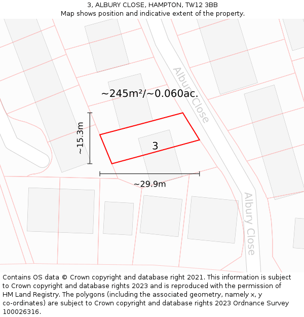 3, ALBURY CLOSE, HAMPTON, TW12 3BB: Plot and title map