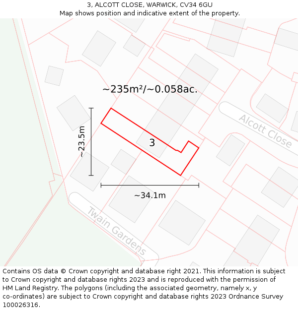 3, ALCOTT CLOSE, WARWICK, CV34 6GU: Plot and title map