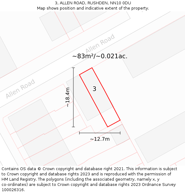 3, ALLEN ROAD, RUSHDEN, NN10 0DU: Plot and title map