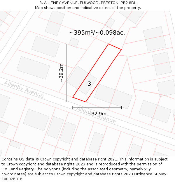 3, ALLENBY AVENUE, FULWOOD, PRESTON, PR2 8DL: Plot and title map