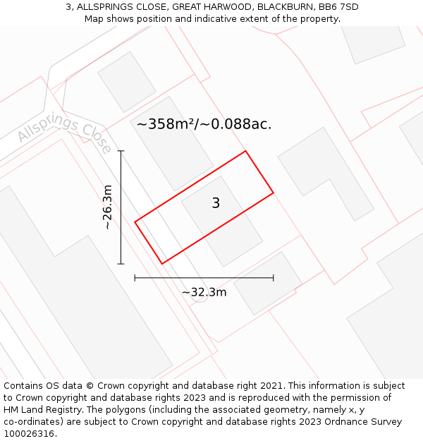 3, ALLSPRINGS CLOSE, GREAT HARWOOD, BLACKBURN, BB6 7SD: Plot and title map
