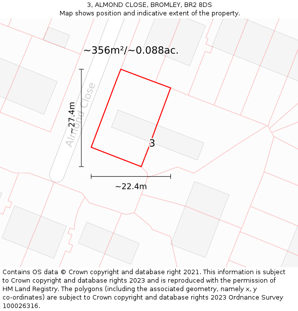 3, ALMOND CLOSE, BROMLEY, BR2 8DS: Plot and title map