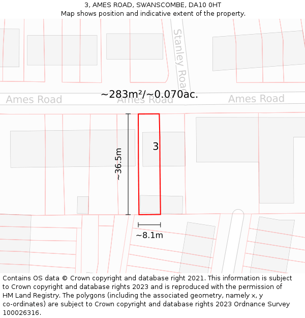 3, AMES ROAD, SWANSCOMBE, DA10 0HT: Plot and title map