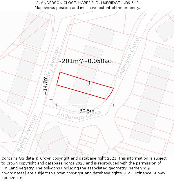 3, ANDERSON CLOSE, HAREFIELD, UXBRIDGE, UB9 6HF: Plot and title map