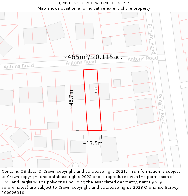 3, ANTONS ROAD, WIRRAL, CH61 9PT: Plot and title map