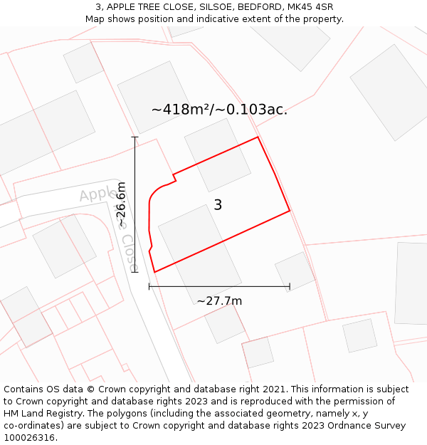 3, APPLE TREE CLOSE, SILSOE, BEDFORD, MK45 4SR: Plot and title map
