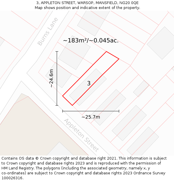 3, APPLETON STREET, WARSOP, MANSFIELD, NG20 0QE: Plot and title map