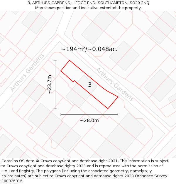 3, ARTHURS GARDENS, HEDGE END, SOUTHAMPTON, SO30 2NQ: Plot and title map