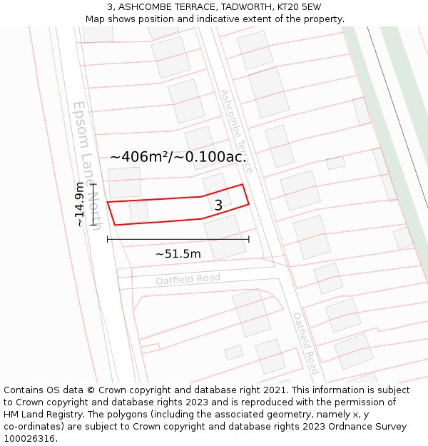 3, ASHCOMBE TERRACE, TADWORTH, KT20 5EW: Plot and title map