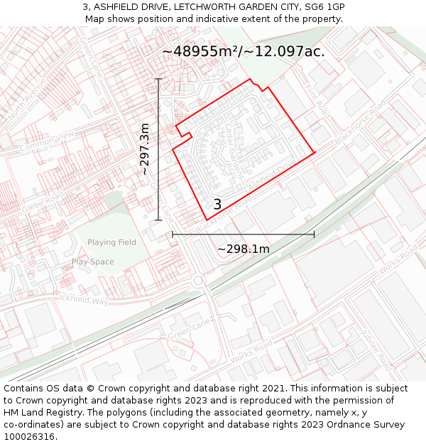 3, ASHFIELD DRIVE, LETCHWORTH GARDEN CITY, SG6 1GP: Plot and title map