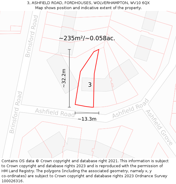 3, ASHFIELD ROAD, FORDHOUSES, WOLVERHAMPTON, WV10 6QX: Plot and title map