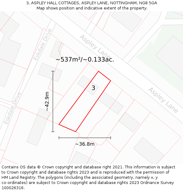 3, ASPLEY HALL COTTAGES, ASPLEY LANE, NOTTINGHAM, NG8 5GA: Plot and title map