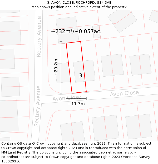3, AVON CLOSE, ROCHFORD, SS4 3AB: Plot and title map