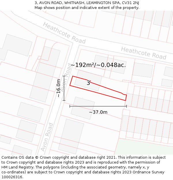 3, AVON ROAD, WHITNASH, LEAMINGTON SPA, CV31 2NJ: Plot and title map